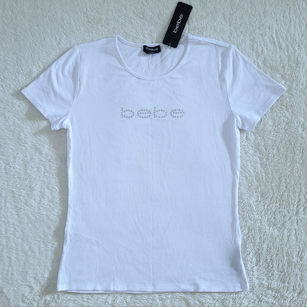 bebe White Ribbed Top with Clear Rhinestones💎 - NWT - Picture 1 of 15